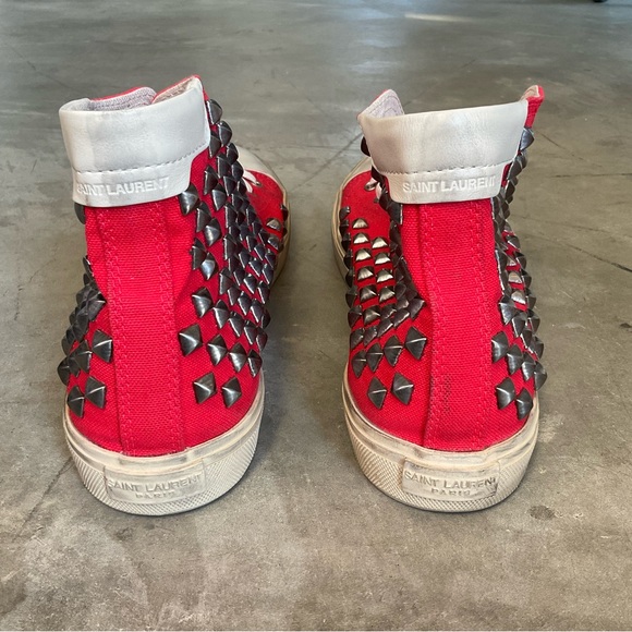 NEW Men's YSL Saint Laurent red leather trimmed studded high top size 44 US 11 - Picture 6 of 8